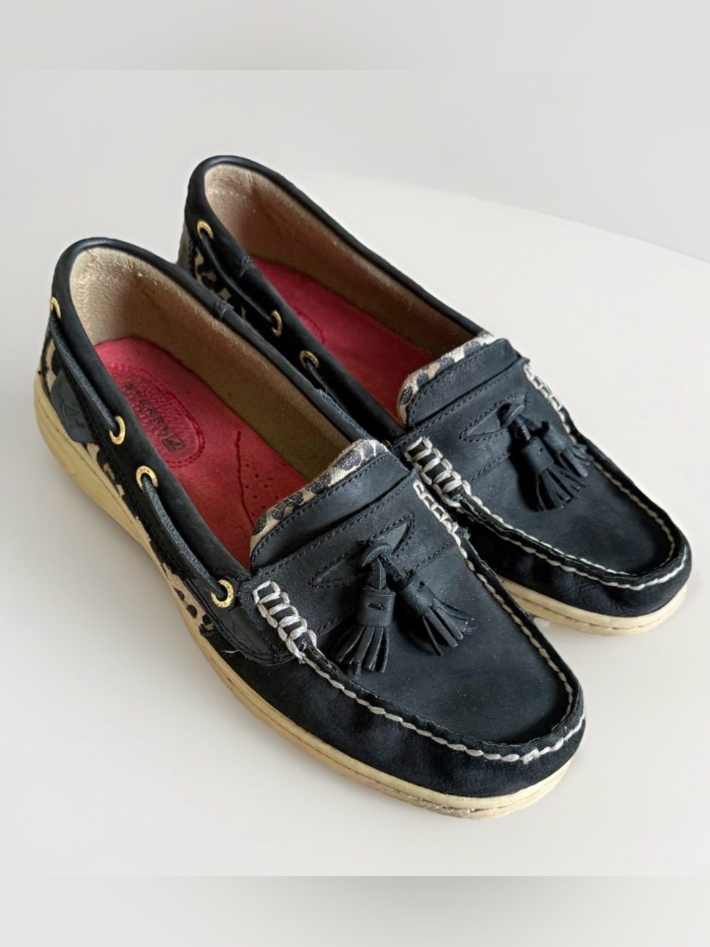 Sperry Top-Sider Black Leather Leopard Accent Tassel Boat Shoes Size 9.5